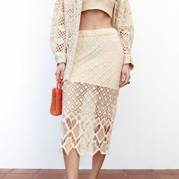 ZARA CROCHET STRAIGHT SKIRT ECRU - Picture 2 of 9